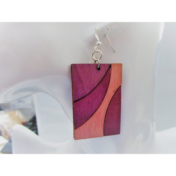 Pink and purple rectangle wooden earring - painted boho earrings stainless posts - Picture 6 of 8